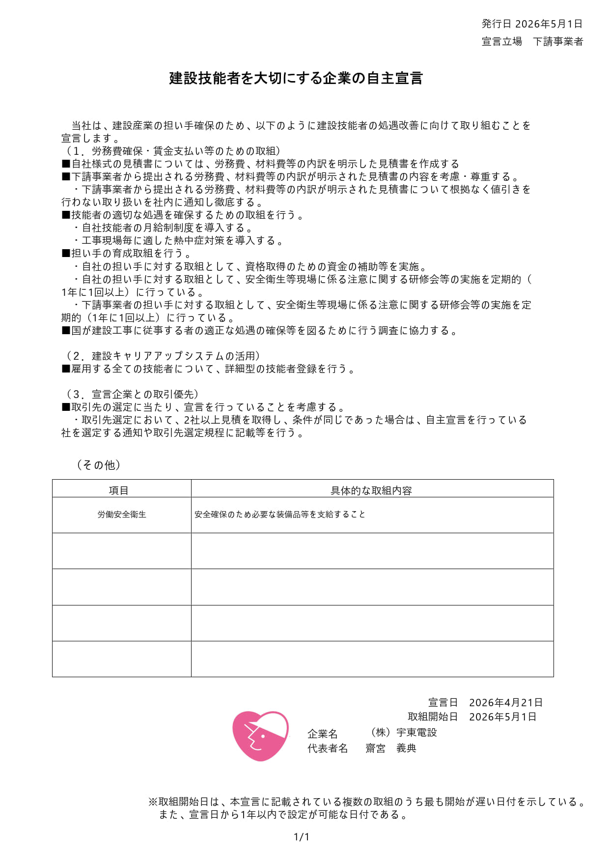 建設技能者を大切にする企業の自主宣言証