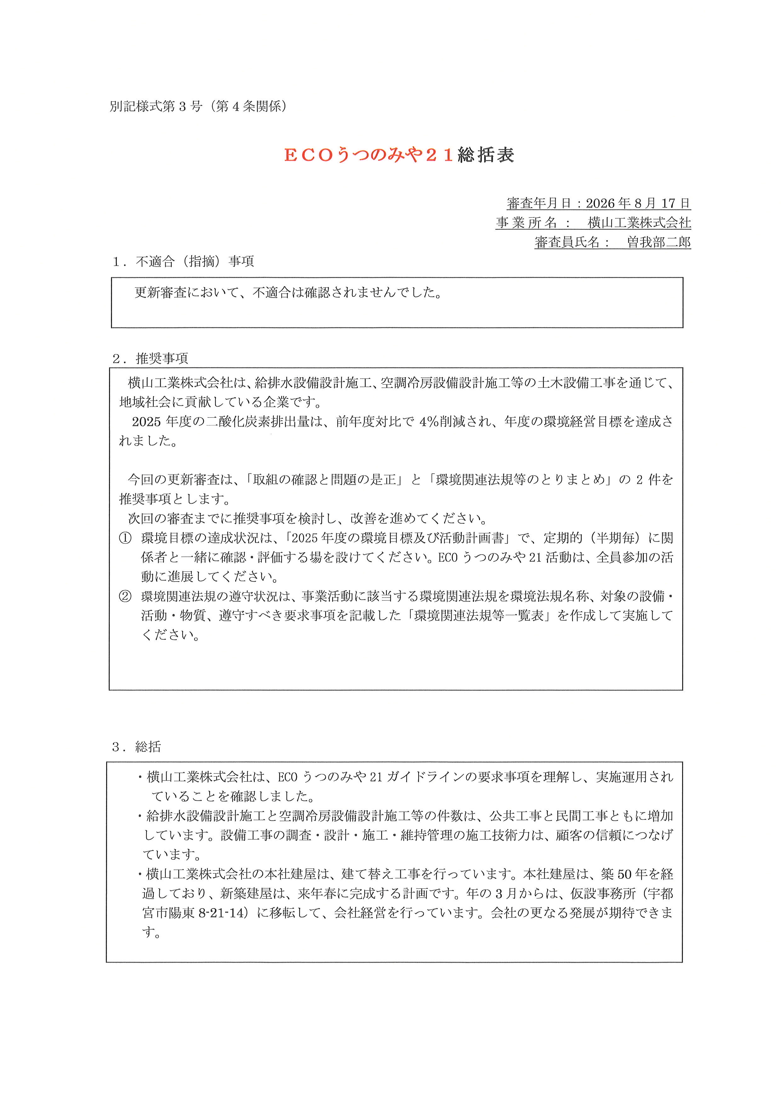 ECOうつのみや21更新審査結果